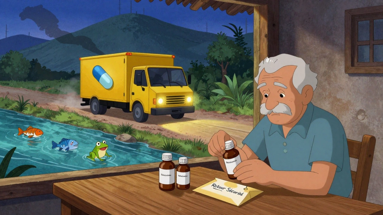 Un homme âgé prépare des médicaments pour retour par courrier, tandis qu&#039;un camion de collecte mobile approche dans une zone rurale au crépuscule.