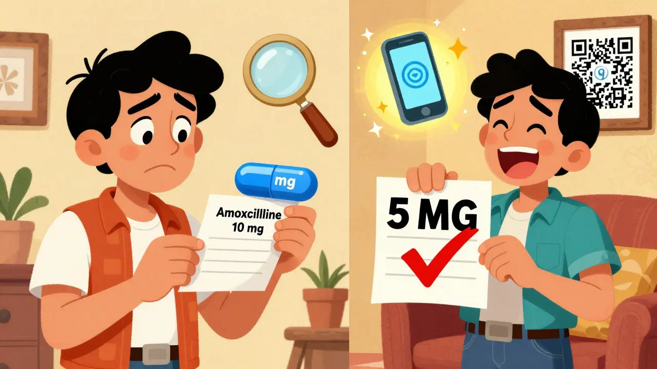 Un homme compare une ordonnance avec un médicament, puis célèbre après correction avec des icônes d'aide visuelle.