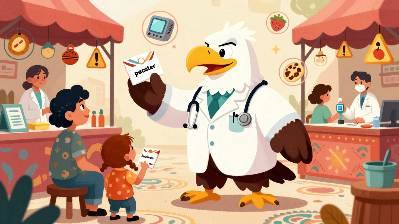 Un mascotte de la FDA remet des alertes personnalisées à des patients et professionnels de santé dans un marché animé.