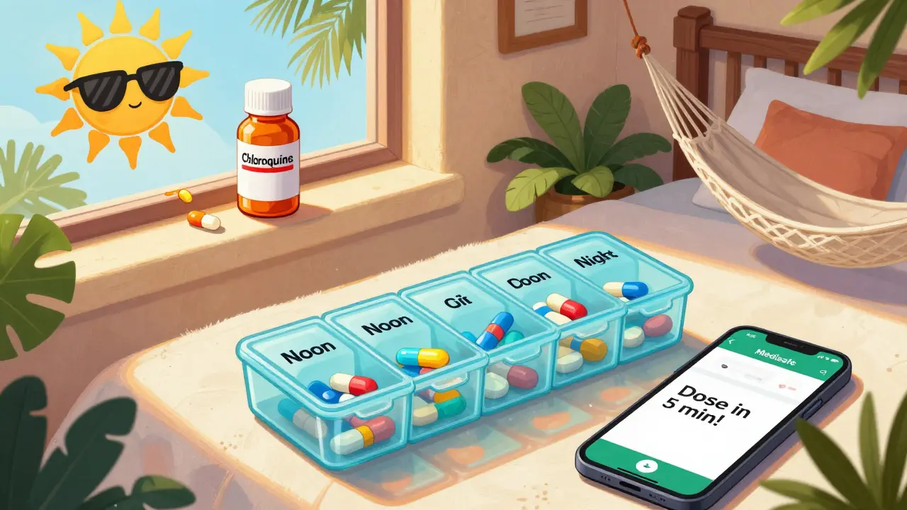 Un organisateur de pilules coloré dans une chambre d'hôtel, avec une notification d'application et un comprimé qui fond sous le soleil.