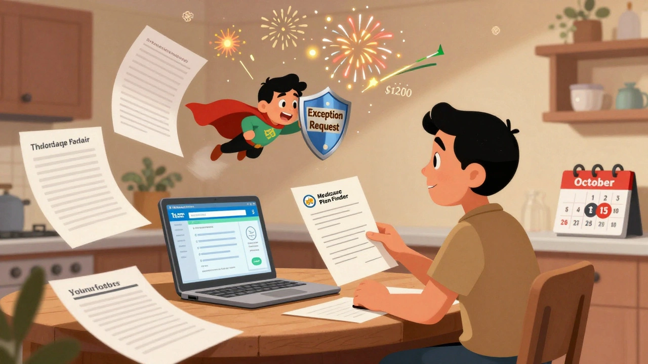 Un patient à sa table de cuisine avec des documents et un calendrier, un héros miniature vole avec une demande d&#039;exception, en style d&#039;animation mexicaine.