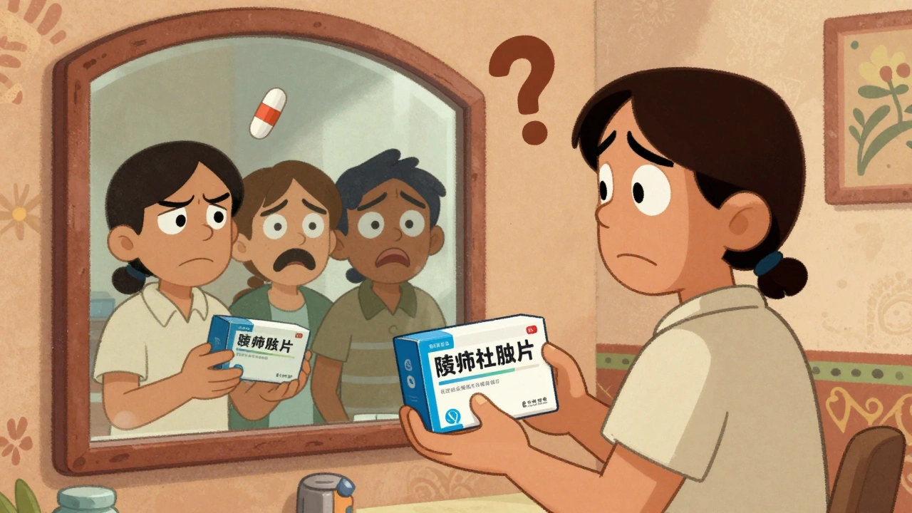 Un patient confus tenant deux emballages différents du même médicament, face à un miroir reflétant ses émotions.