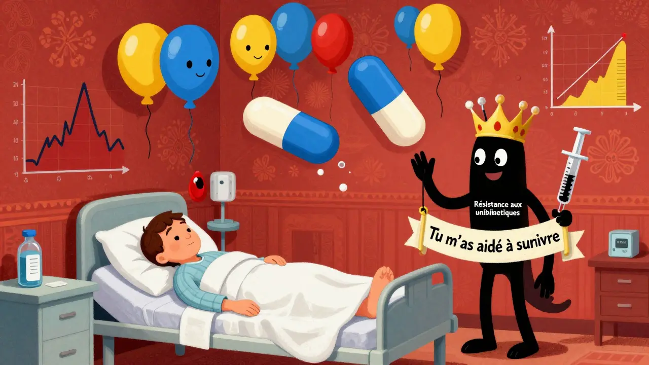 Un patient endormi avec des pilules qui s’évaporent, tandis qu’une ombre de résistance aux antibiotiques grandit au-dessus d’eux.