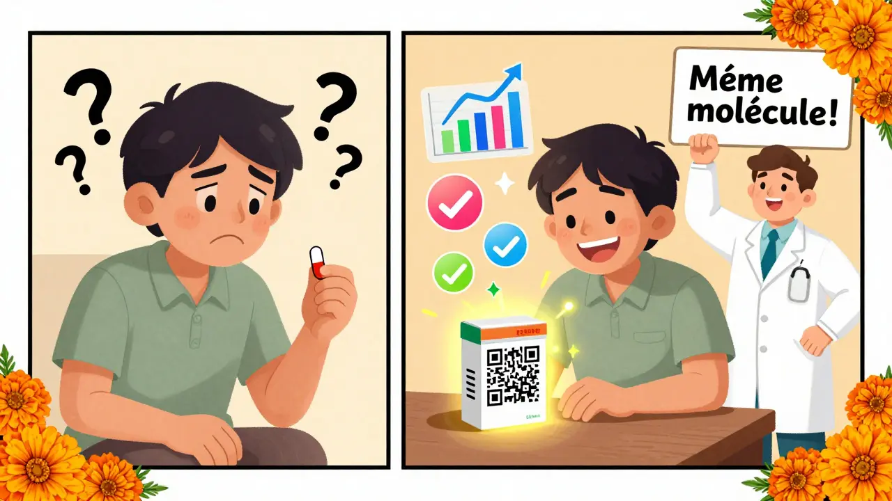 Un patient scanne un code QR sur une boîte de médicament générique, des icônes de santé flottent autour.