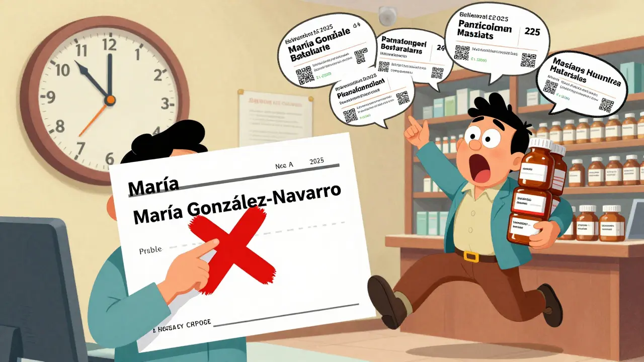 Un patient signale une erreur de nom sur une ordonnance, tandis qu'un pharmacien est surpris et des étiquettes standardisées flottent dans l'air.