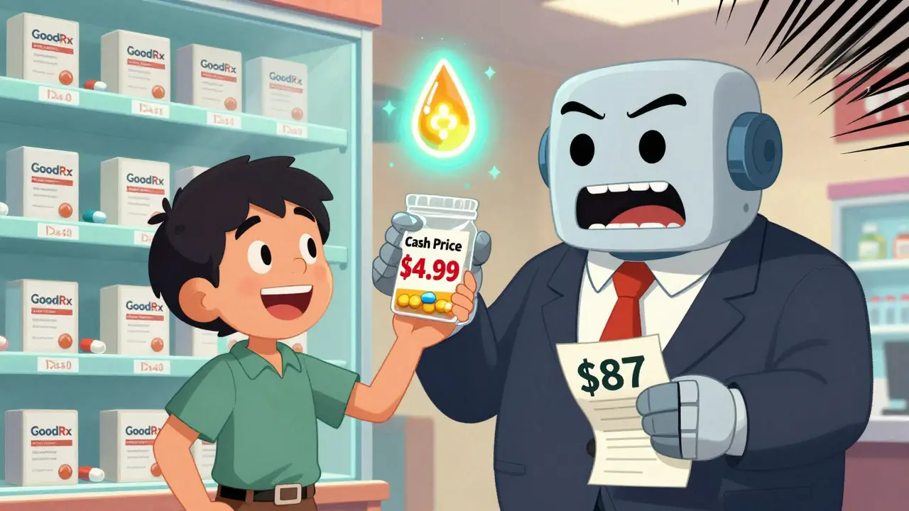 Un patient sourit en tenant un médicament à 4,99 $, tandis qu'un robot PBM affiche un prix de 87 $ derrière lui.