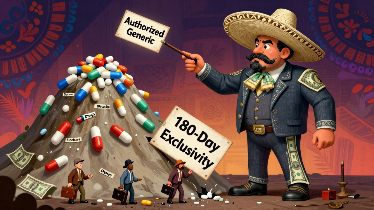 Un patron pharmaceutique en costume de billets de banque écrase des petits fabricants de génériques avec une baguette magique.