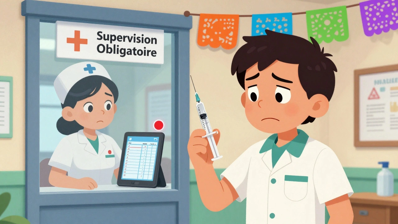 Un personnel scolaire forme à l&#039;administration de l&#039;insuline sous la supervision d&#039;une infirmière, avec un tableau numérique en arrière-plan.