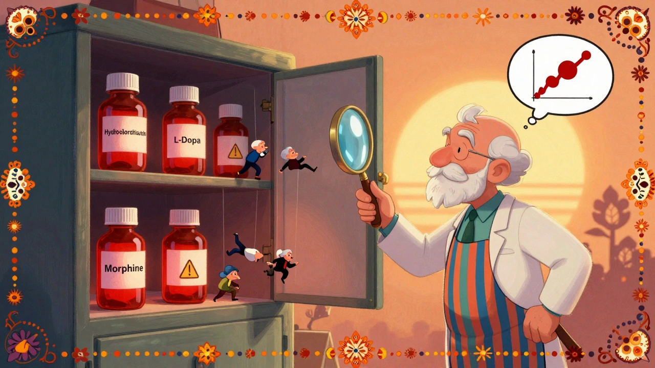 Un pharmacien examine des comprimés géants qui émettent des avertissements, des patients miniatures tombent des bouteilles.