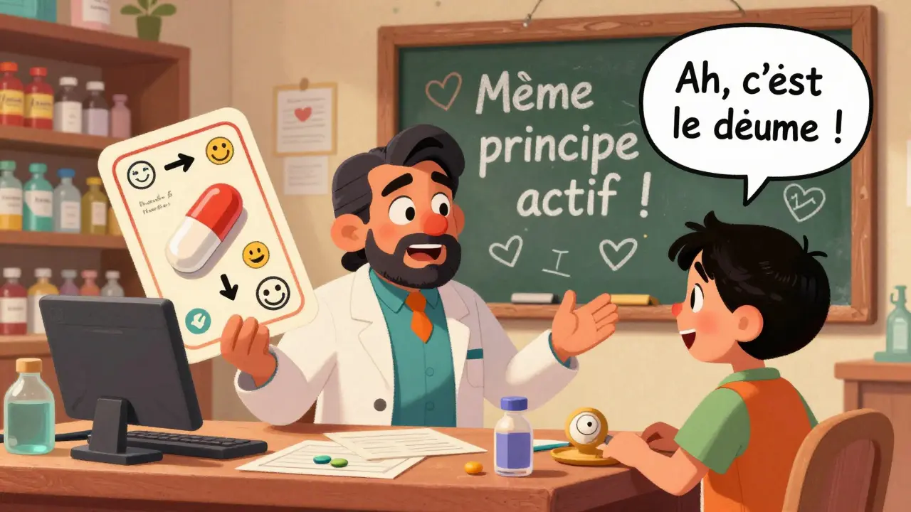 Un pharmacien explique visuellement à un patient que deux pilules différentes contiennent le même principe actif.