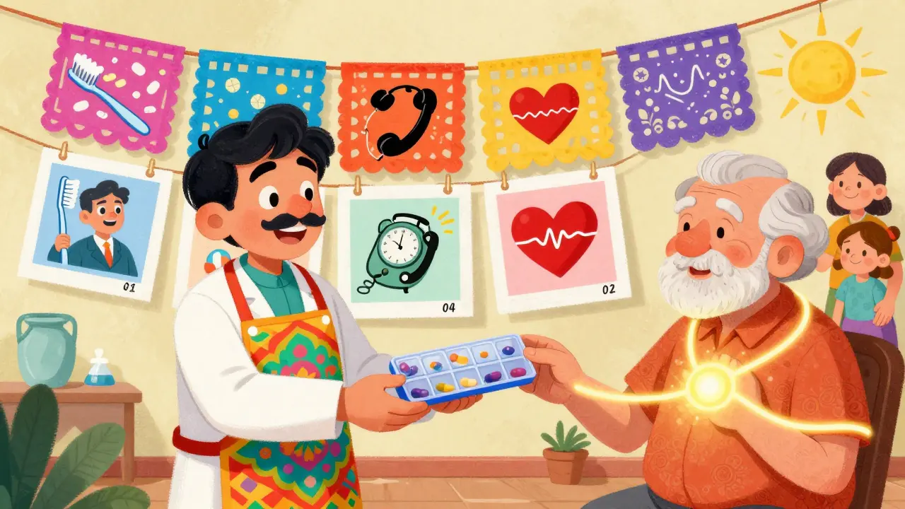 Un pharmacien offrant une boîte à pilules hebdomadaire, entouré d’éléments symboliques de prise régulière et de survie.