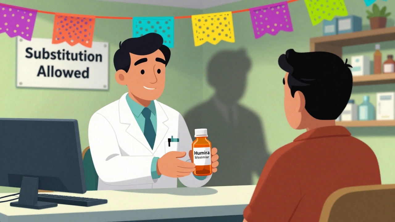 Un pharmacien remettant un médicament à un patient, tandis qu&#039;un employé d&#039;assurance observe en ombre, en style d&#039;animation mexicaine.