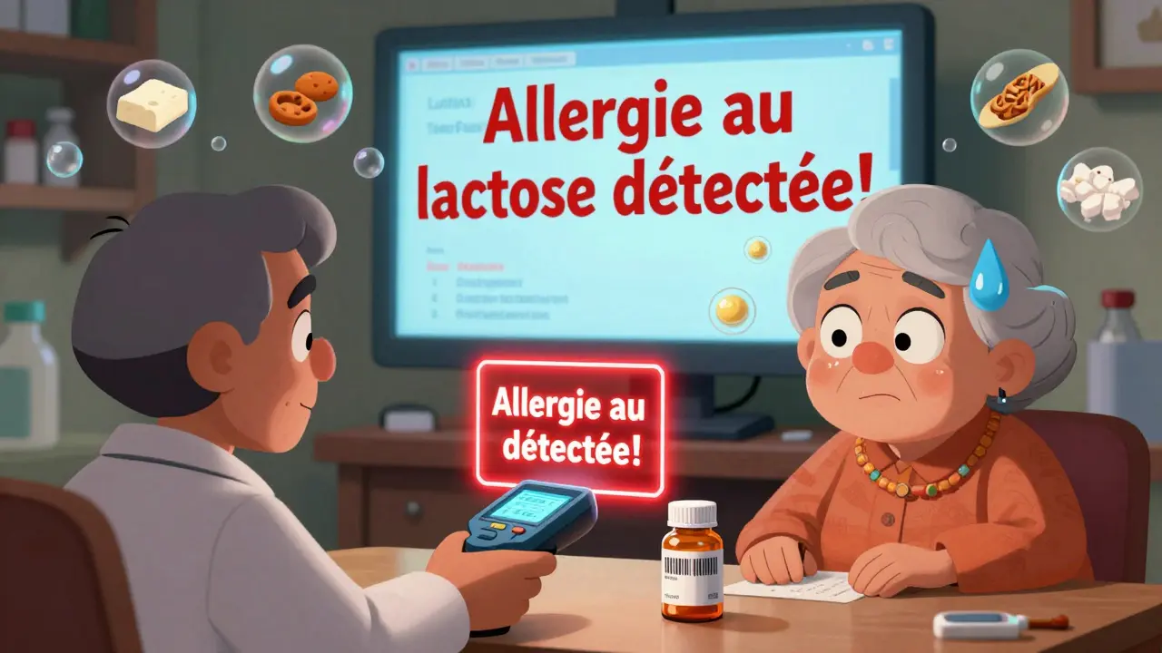 Un pharmacien scanne un médicament tandis qu'une alerte d'allergie apparaît en surimpression sur un écran.