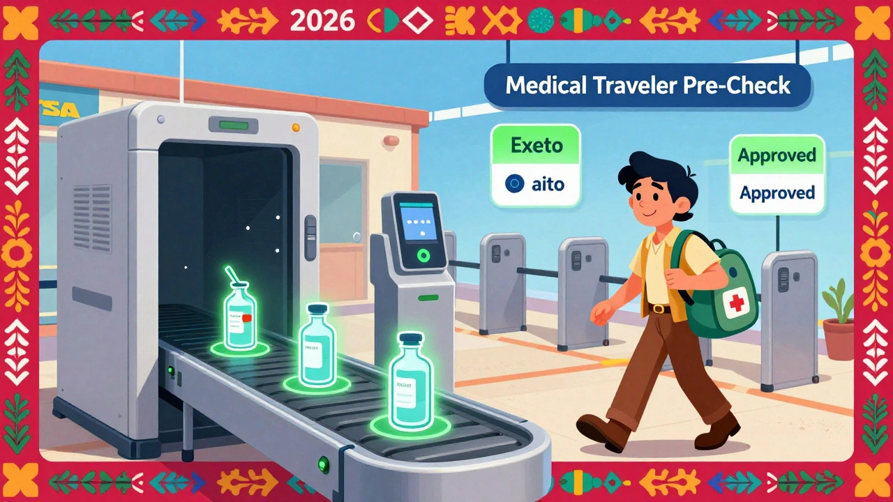 Un poste de sécurité futuriste avec une IA qui reconnaît automatiquement les médicaments, dans un style d&#039;animation mexicaine vivante.