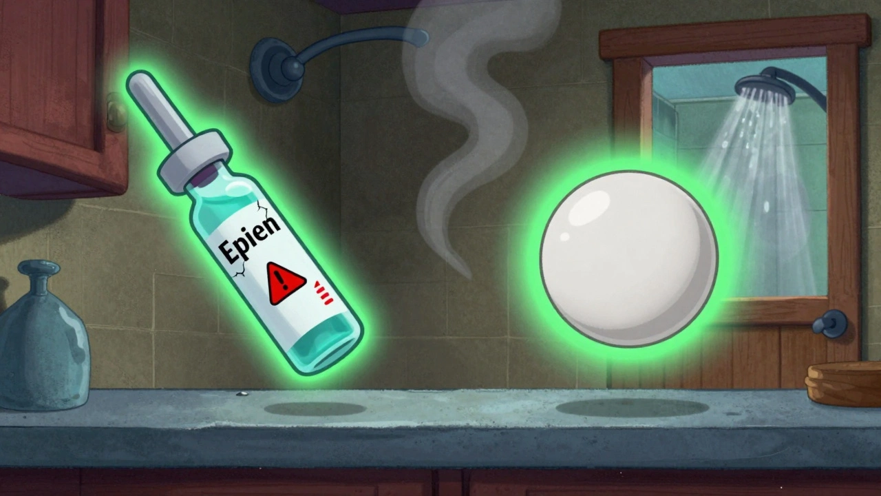 Un stylo EpiPen et une fiole d&#039;insuline présentent des signes de danger, tandis qu&#039;un comprimé d&#039;ibuprofène reste stable.