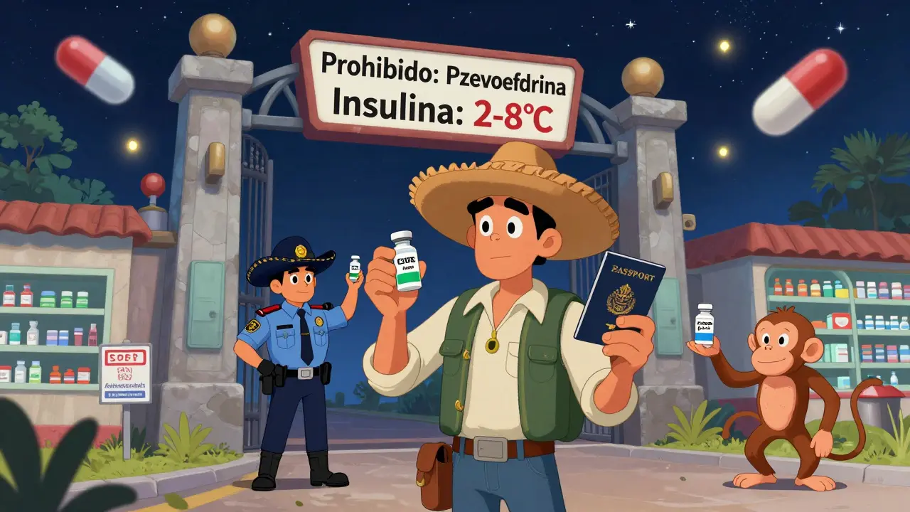 Un voyageur face à une frontière de pharmacie avec des médicaments interdits, un singe lui offrant une alternative sous un ciel étoilé.
