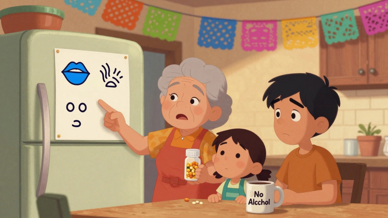 Une affiche sur le frigo montre les signes d&#039;une surdose, une famille regarde attentivement.