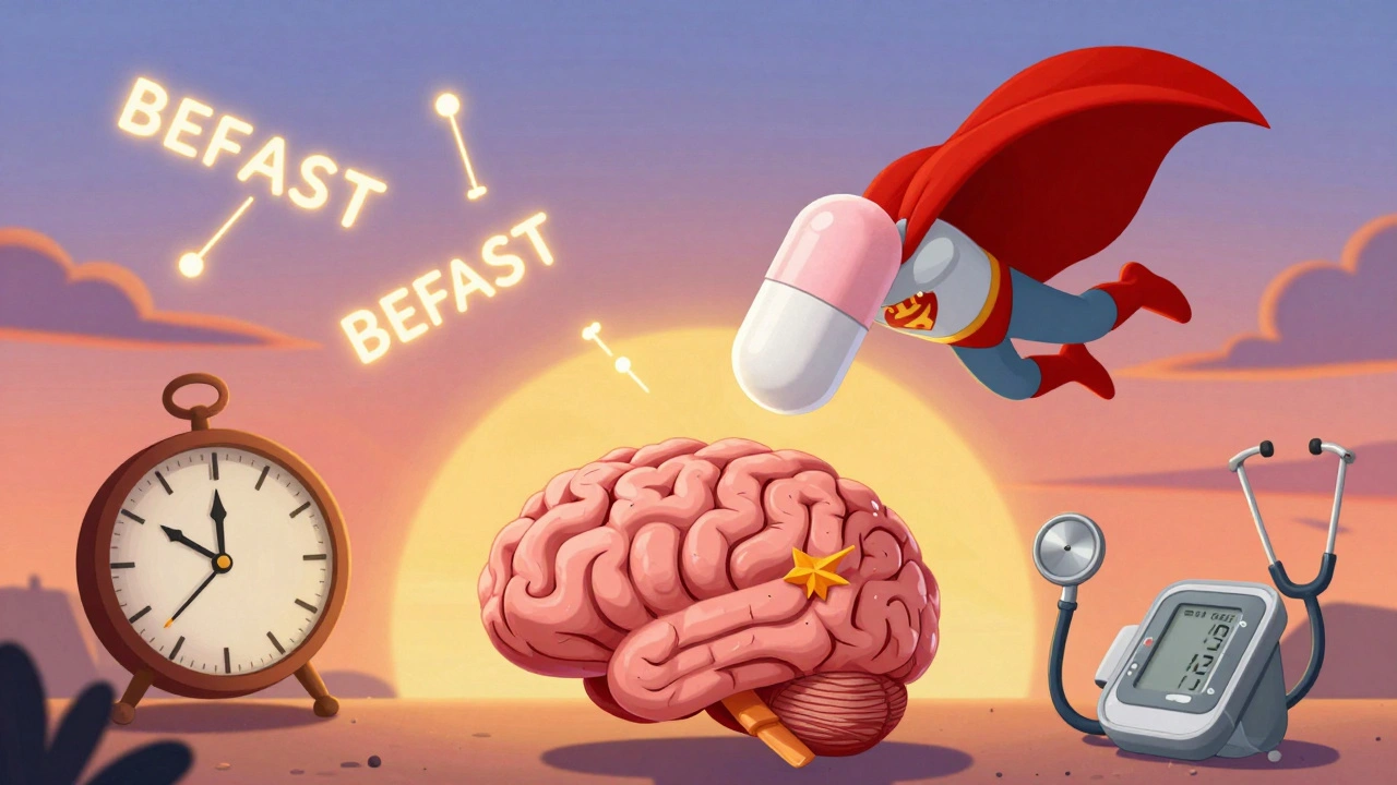 Une aspirine héroïque fonçant vers un cerveau en forme d&#039;alebrije, entourée d&#039;outils de prévention.