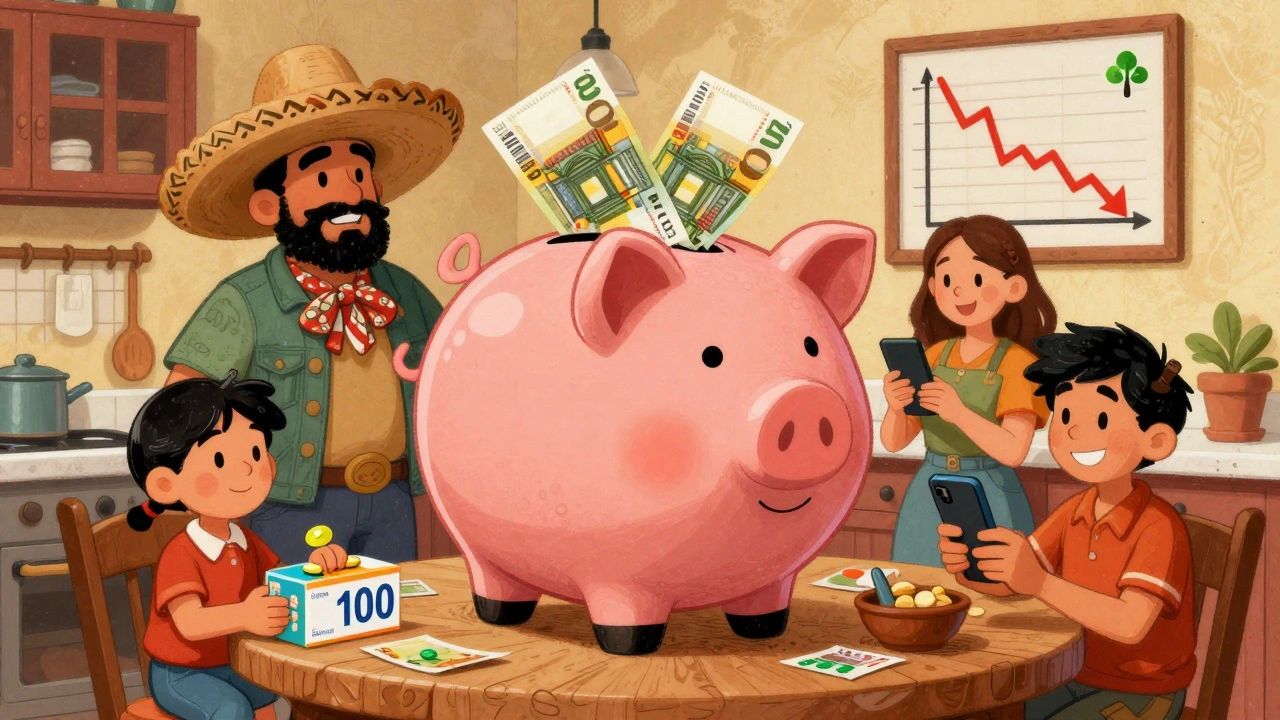 Une famille célèbre ses économies avec un cochon d&#039;épargne rempli d&#039;argent et des comprimés génériques en gros.