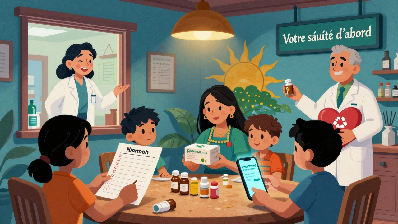 Une famille trie ses médicaments à la cuisine, avec un pharmacien qui reçoit les comprimés périmés dans un bac en forme de cœur.