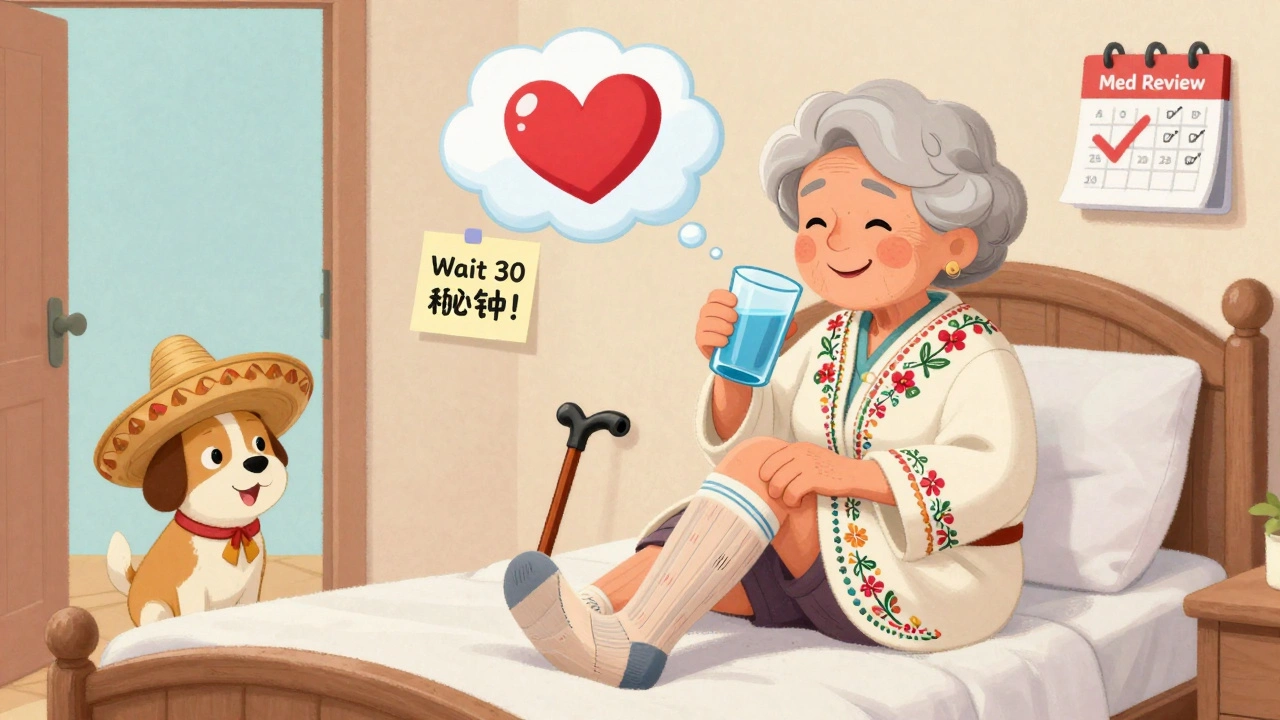 Une femme âgée enfile des bas de compression en buvant de l&#039;eau, un cœur en nuage fait monter le sang comme un ascenseur.