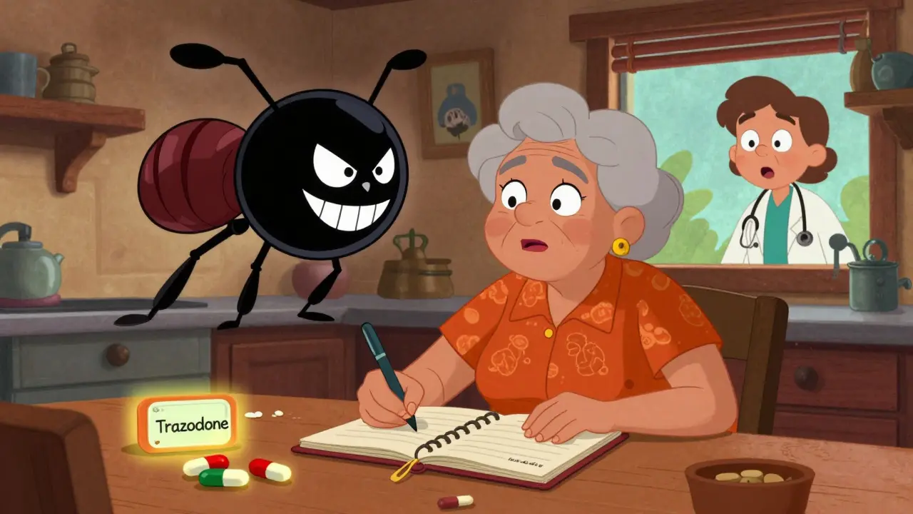 Une femme âgée note ses médicaments tandis qu'une molécule menaçante flotte au-dessus d'elle.