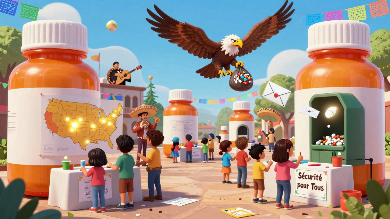 Une fête communautaire avec des familles déposant des médicaments, des ballons en forme de pilules et une carte des points de collecte en arrière-plan.