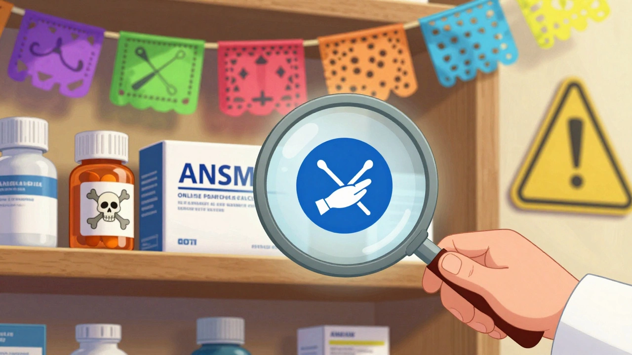 Une main pose le logo officiel de pharmacie en ligne agréée ANSM, rejetant un médicament douteux.