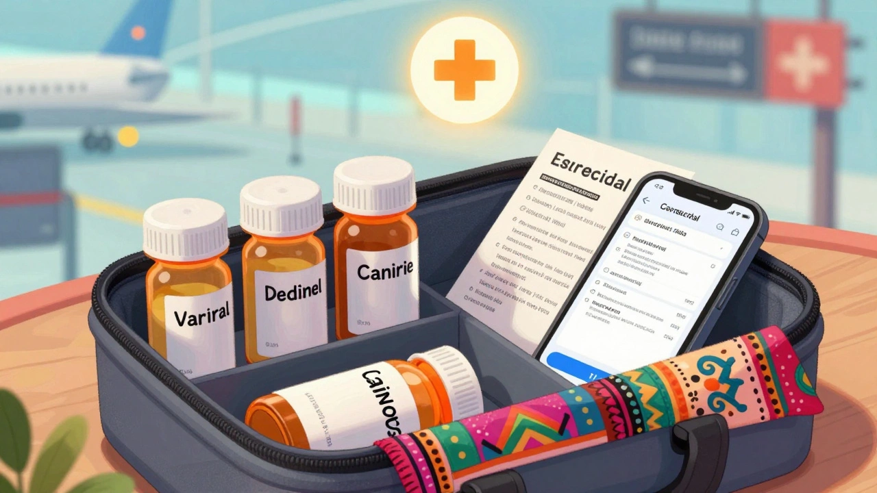 Une trousse médicale organisée avec des flacons d&#039;origine et une liste imprimée, décorée d&#039;éléments artistiques mexicains.