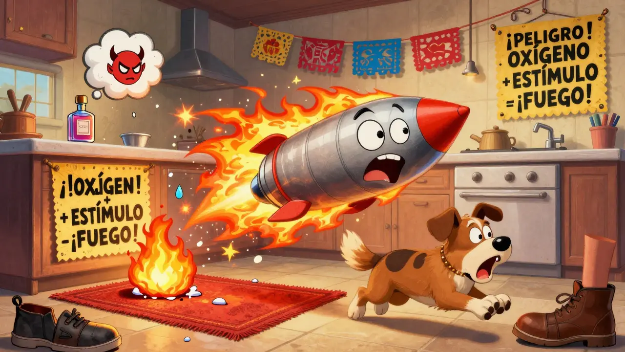 Bouteille d'oxygène qui s'envole comme un luchador, provoquant un petit incendie dans une cuisine, avec des objets dangereux en arrière-plan.