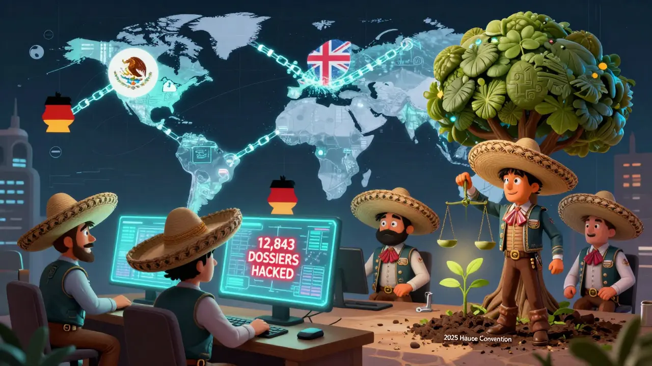 Centre numérique mondial avec des chaînes blockchain reliant des pays, un hacker menace tandis qu'une convention internationale germe en arrière-plan.