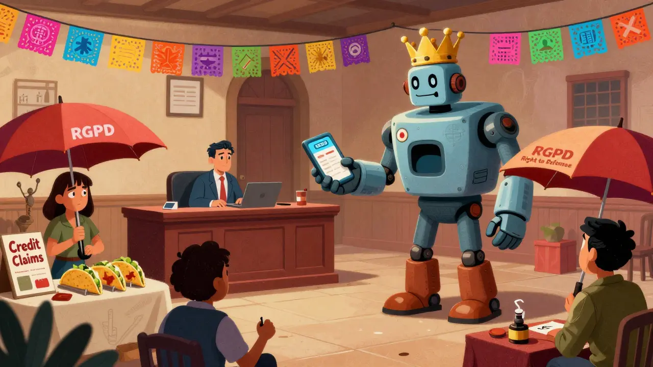 Cour d'assises dans un marché mexicain, un robot britannique distribue des ordres numériques à des débiteurs sous des parapluies RGPD.