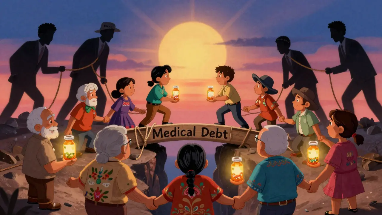 Des patients tiennent des bouteilles génériques qui forment un pont au-dessus de la dette médicale, contre des figures sombres qui tentent de les détruire.