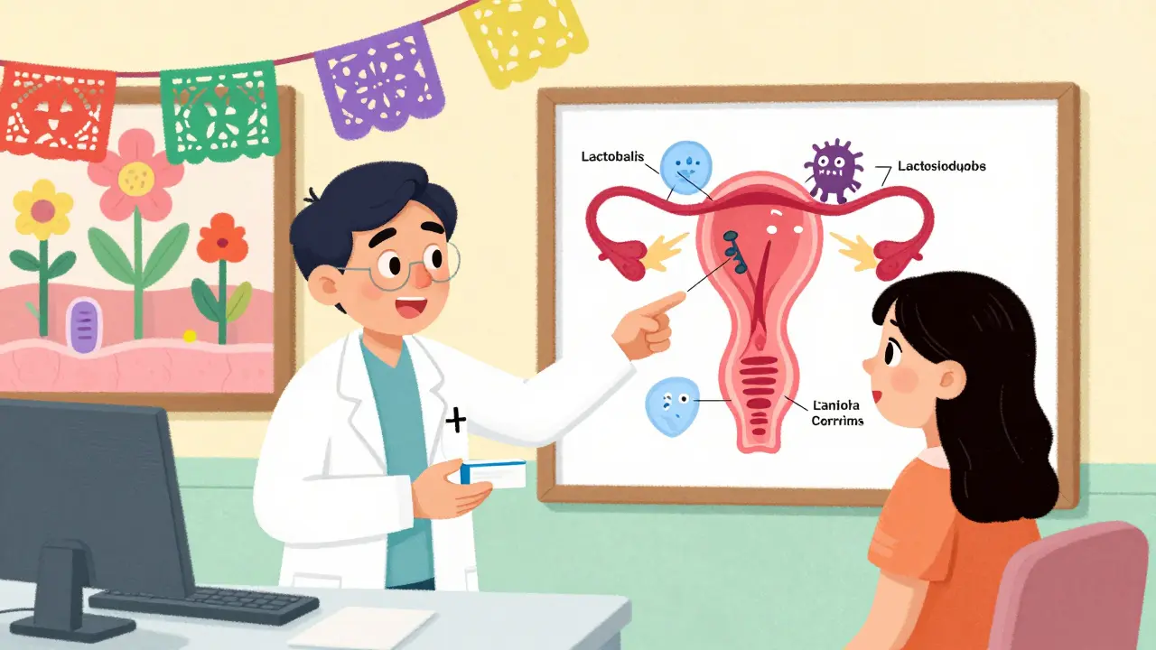 Doctor giving antifungal treatment to patient, illustrated chart showing healthy vaginal ecosystem with traditional Mexican decorative elements.