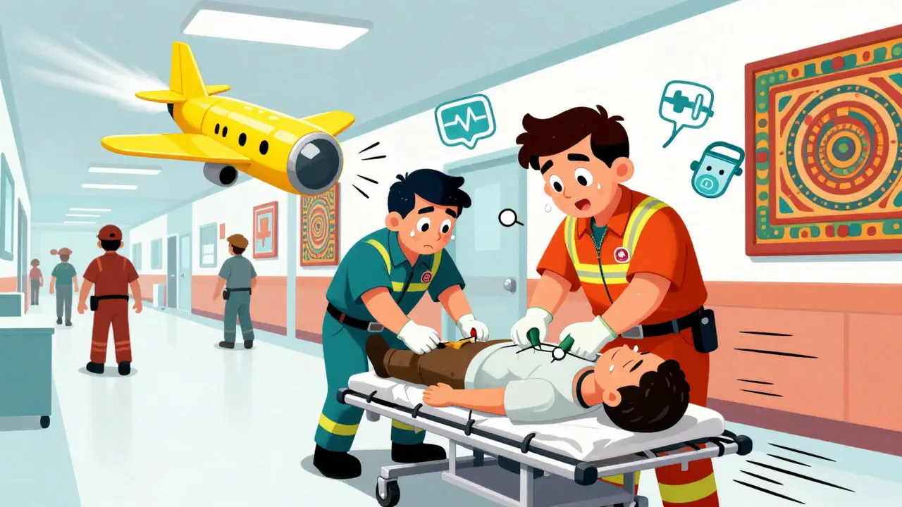 Équipe médicale effectuant une décompression thoracique d'urgence dans un couloir hospitalier coloré.