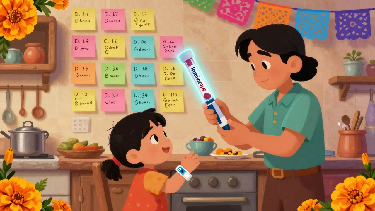 Famille avec notes et bracelet médical, test sanguin lumineux en arrière-plan.