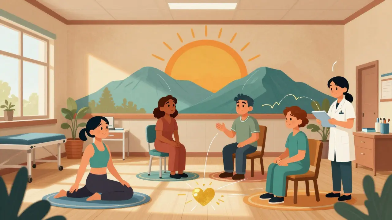 Groupe de patients en rééducation : yoga, psychologue et éducation médicale, sous une fresque de soleil levant.