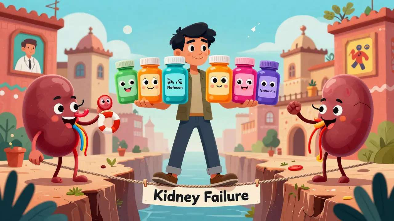 Jeune patient tenant quatre flacons de médicaments colorés sur une corde raide au-dessus d'un précipice.