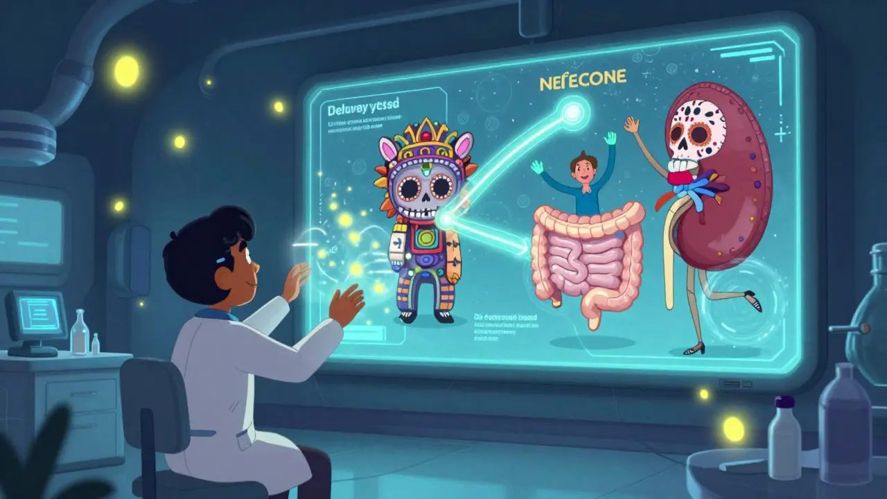 Laboratoire futuriste avec des biomarqueurs lumineux et un écran en forme de sculpture alebrije montrant des traitements personnalisés.