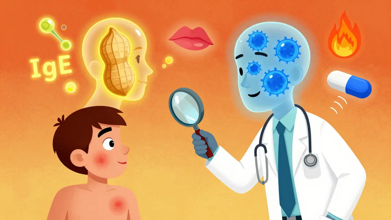 Médecin examinant une éruption avec des anticorps et cellules T flottants au-dessus.