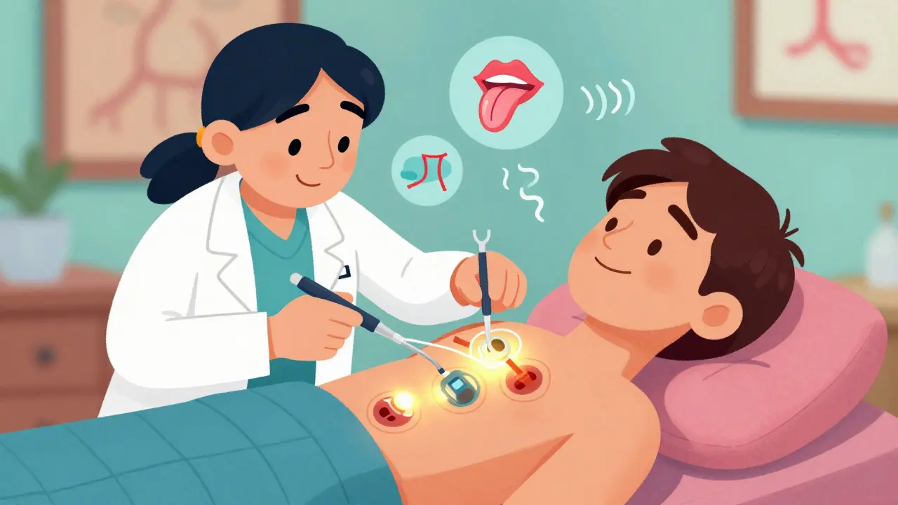 Médecin implantant un dispositif thérapeutique dans la poitrine et le cou d’un patient, avec des éléments anatomiques visibles en illustration colorée.