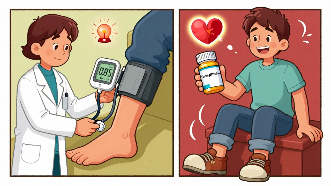 Médecin mesure l'indice cheville-bras ; à droite, le patient prend un autre médicament sûr avec un cœur et un rein lumineux.