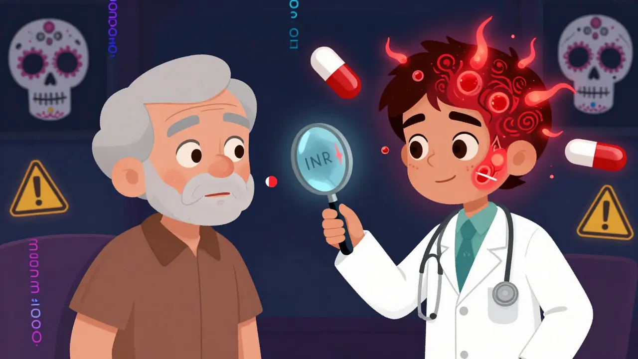 Médecin observant deux patients : l'un réagit à une surdose, l'autre à une réaction cutanée mortelle, dans un style d'animation mexicaine.
