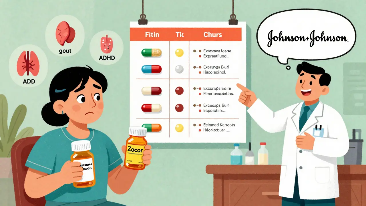 Patient confus comparant deux pilules avec un pharmacien, entouré d'icônes de maladies, dans un style d'animation mexicaine folklorique.