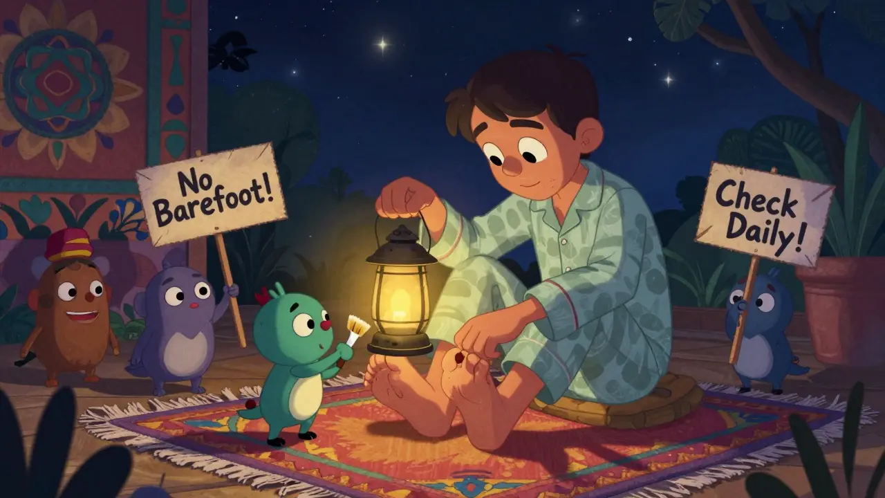 Patient inspecte son pied la nuit, guidé par des créatures folkloriques qui signalent une plaie cachée entre les orteils.