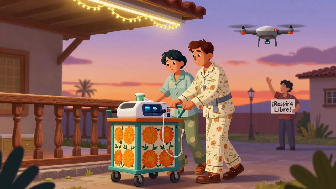 Patient marchant avec un concentrateur portable sur un chariot décoré, vêtu de coton et chaussé de cuir, sous un système de tuyaux suspendus.