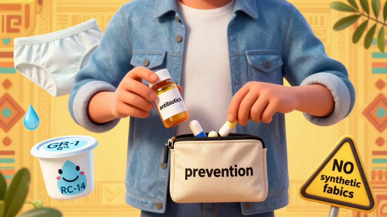 Person taking preventive measures: probiotics, cotton underwear, and no douches, with symbolic icons in vibrant Mexican folk art style.