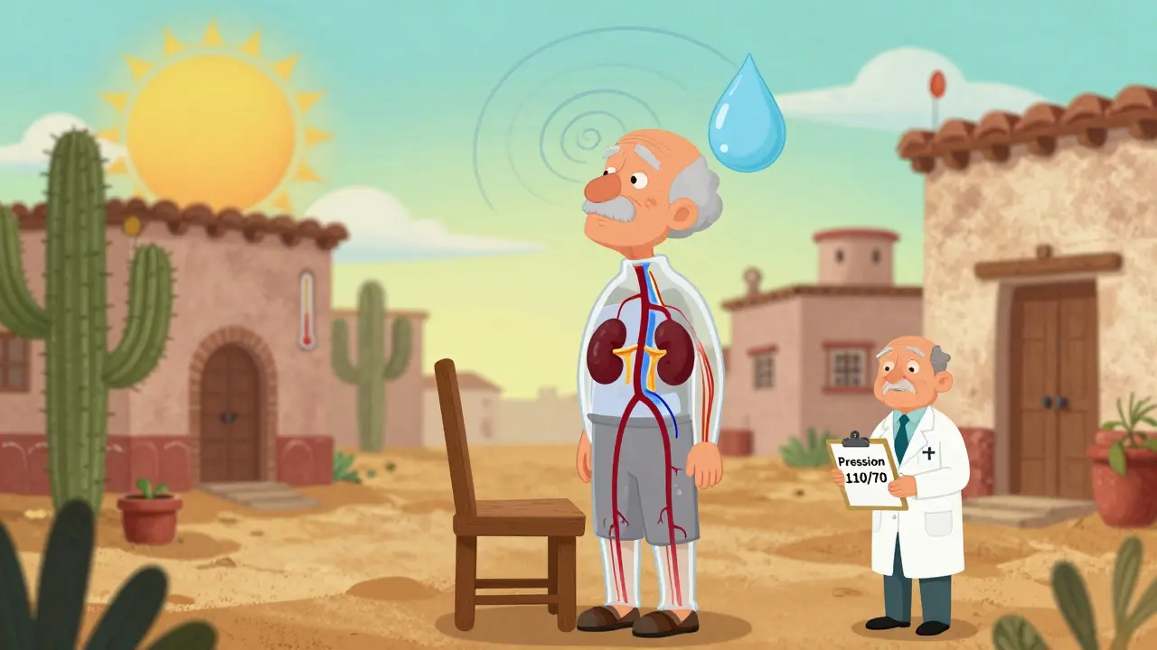 Personne âgée étourdie en se levant, avec des signes visuels de déshydratation et de pression artérielle.