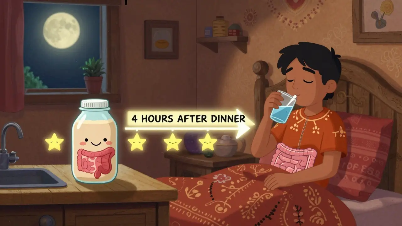 Personne prenant sa pilule le soir, un shake protéiné en sécurité à distance, dans une chambre calme sous la lune.