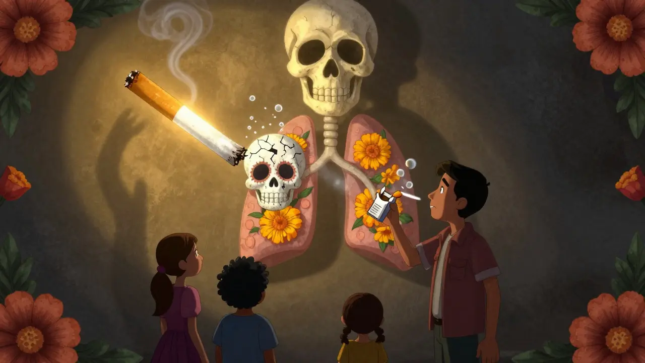 Poumons transformés en crâne de sucre qui fuit, symbolisant les effets du tabac dans un style d'animation mexicaine.